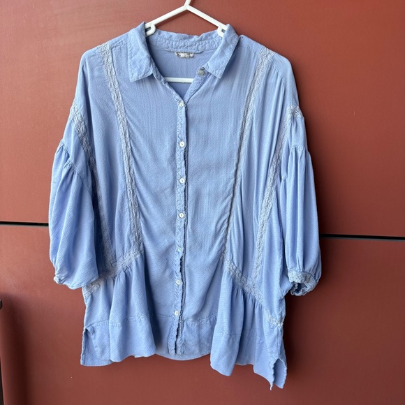 Free People Tops - Free People Button Up Shirt Blouse Blue Flowy Oversized XS